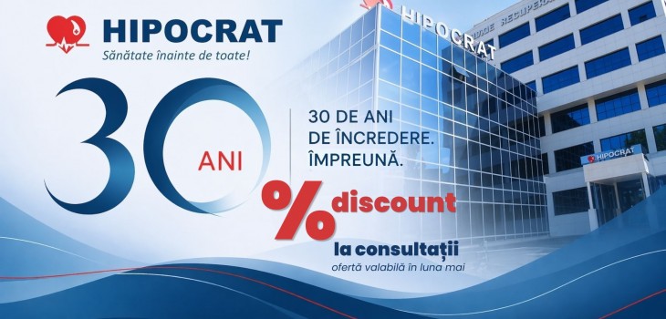 Reteaua Medicala HIPOCRAT marchează 30 de ani de activitate si ofera la aniversare 30% discount la consultatii. 